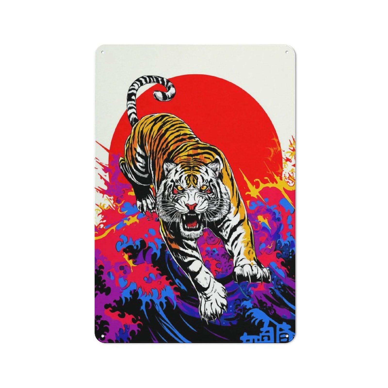 Junmoney Colorful Tiger Sunset Illustration Warehouse Style Tin Wall Sign 30X20cm Featuring Loft Wall Plaque For Loft, Studio, Office Or Creative Room