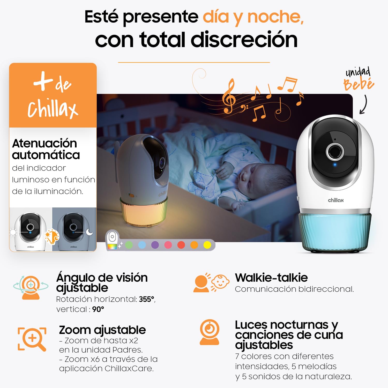 CHILLAX - Vigilabebés Cámara Candle - Pantalla LCD HD 5'' - Cámara 2K QHD controlable a Distancia - Visión Nocturna - Sensor de Temperatura - Walkie-Talkie - Luces y Nanas - Wi-FI ON/Off - con App