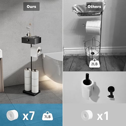 Miniatura 7 de VOLDRA Soporte de papel higiénico con estante, soporte de rollo de papel higiénico negro con cajón de almacenamiento de toallitas, soporte de papel