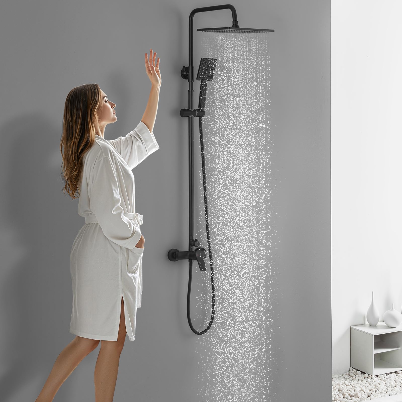 Auralum Colonna Doccia con Miscelatore, Asta Doccia con Soffione e Doccetta, Saliscendi Doccia Acciaio Inox Altezza Regolabile 90-130cm, Gruppo Doccia Completa con Miscelatore Doccia Esternoe Nera