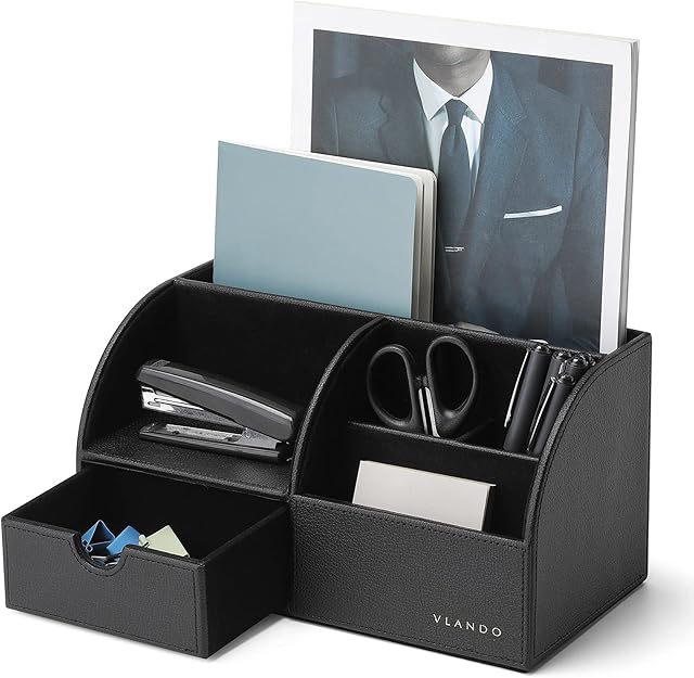 Vlando Desk Organiser with Drawer, Leather Office Stationery Desk Tidy Organiser, Multifunctional Desktop Pen Organizer,Remote Control Holder (Black)