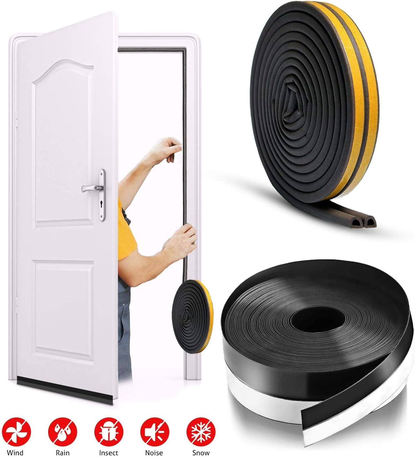 Zengest16.5 Ft Door Draft Stopper with 33 Ft Type D Weather Strip (Black), Self Adhesive Soundproof and Heat-Insulating Seal Set for Doors and Windows