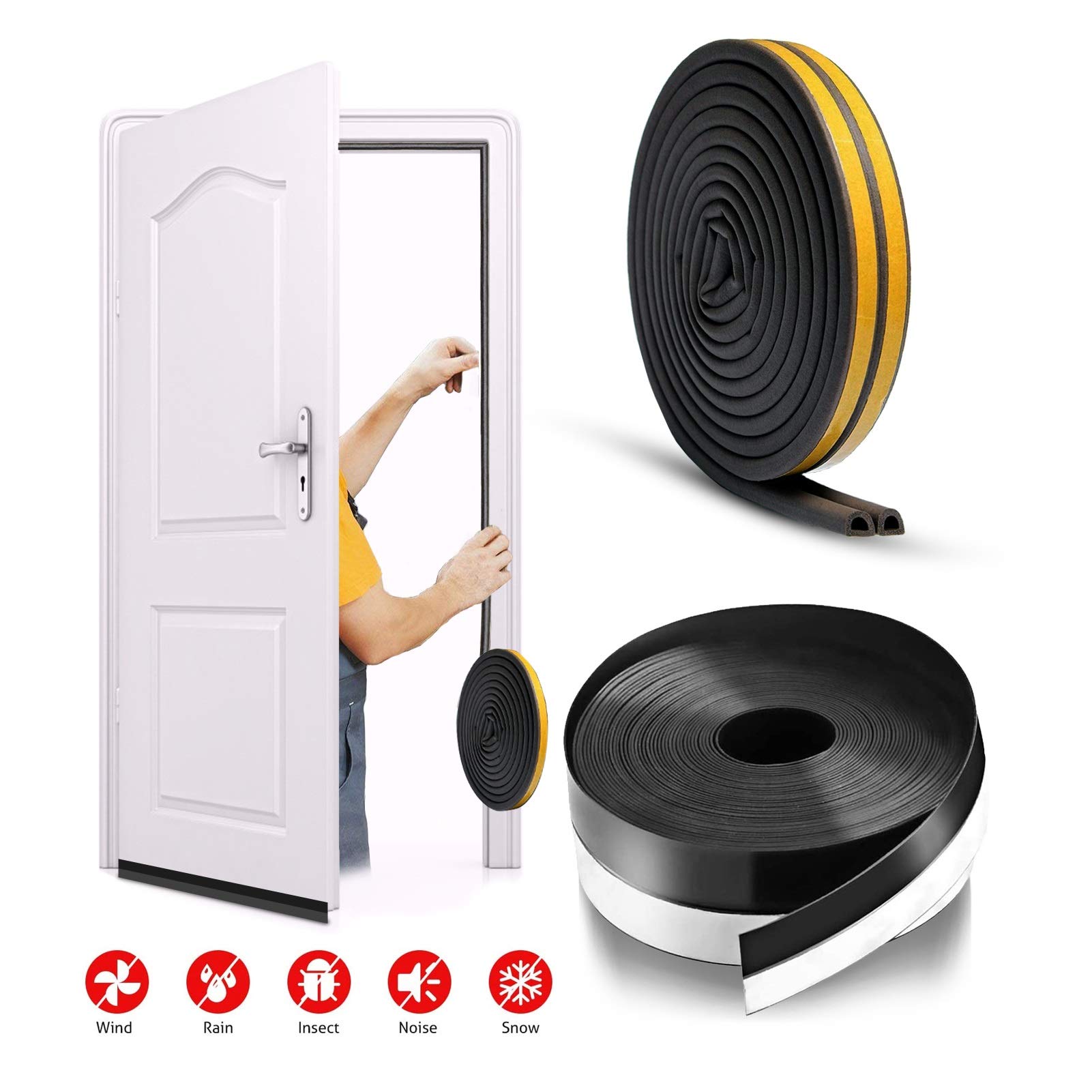Zengest16.5 Ft Door Draft Stopper with 33 Ft Type D Weather Strip (Black), Self Adhesive Soundproof and Heat-Insulating Seal Set for Doors and Windows