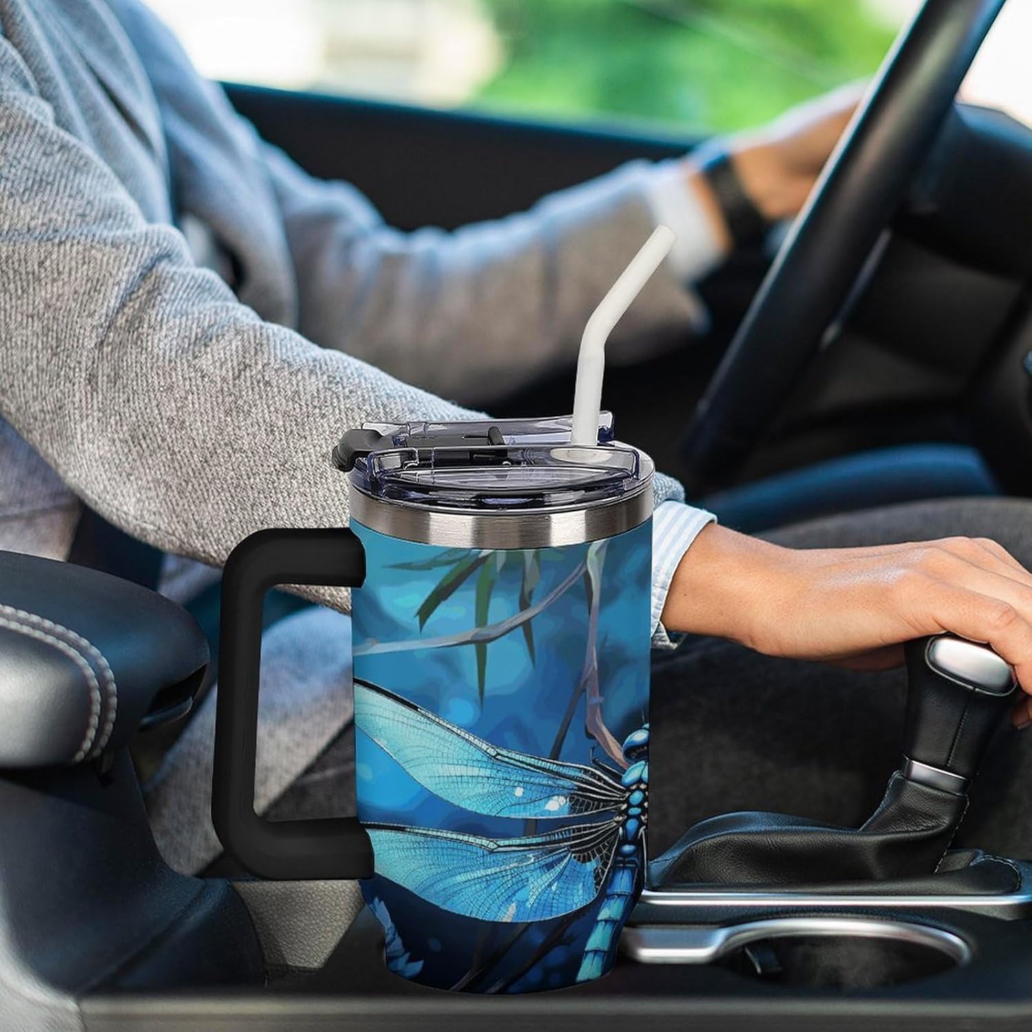 Art Blue Dragonfly Tumbler Stainless Steel Large Car Cup with Handle&Straw Lid Portable Coffee Cup Leak-proof Water Bottle Insulated Vacuum Travel Mug for Home Outdoor 40oz