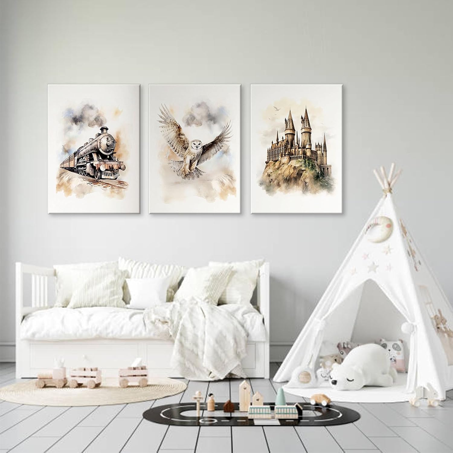 3 pcs Vintage Magic Canvas Wall Art Express Train Owl Magic Castle Picture Wall Decor Magic Lovers Kind and Honest Posters Print Artwork for Kids' Baby Nursery Home Decoration
