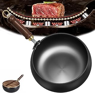 Jinswhdre Cast Iron Skillet, Uncoated Forged Irons Pot with Wooden Lid, Handcrafted Hammered, Thickened Iron Pan for Frying, Stewing & Braising, Non-Stick by Nature, Multi-Stove Compatible Cookware
