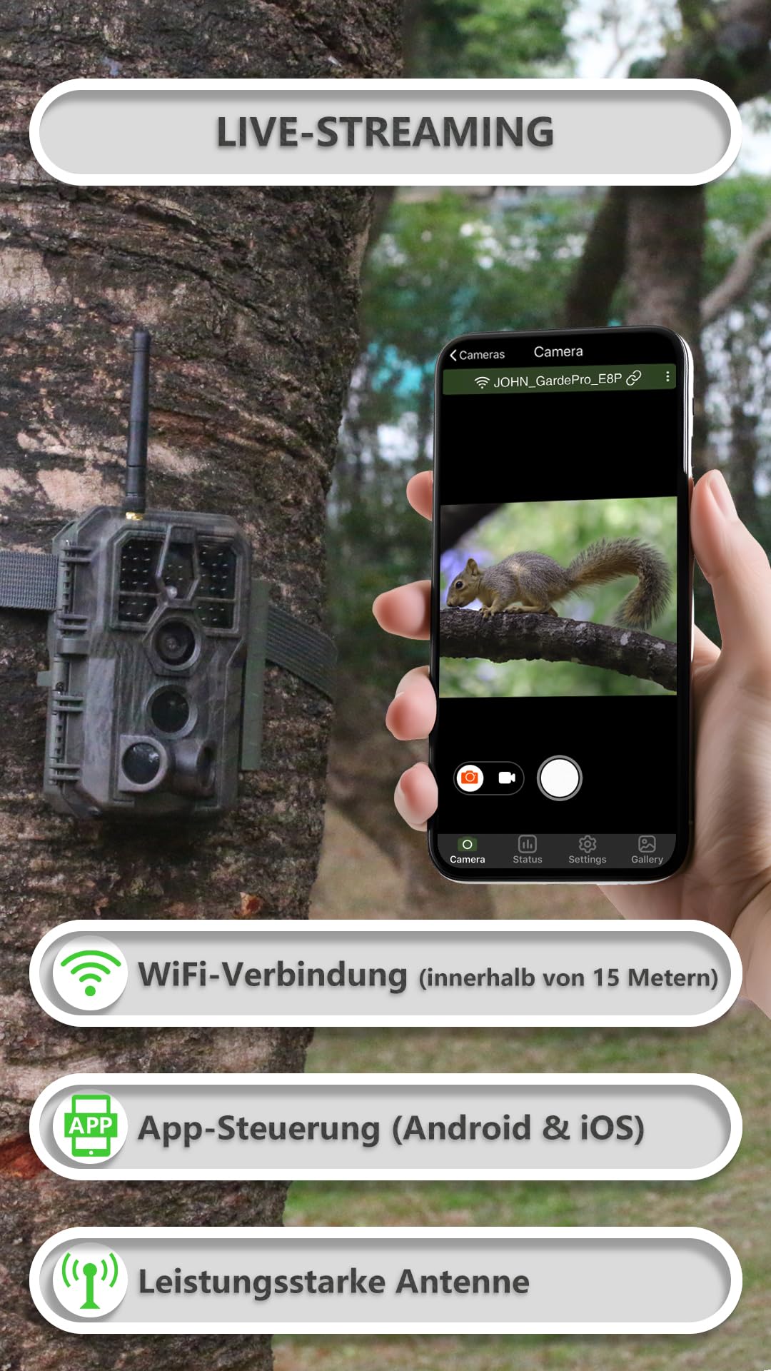 GardePro E8P Max Wildkamera WLAN 8000mAh Akku 64MP 1296P Nachtsicht Bewegungsmelder