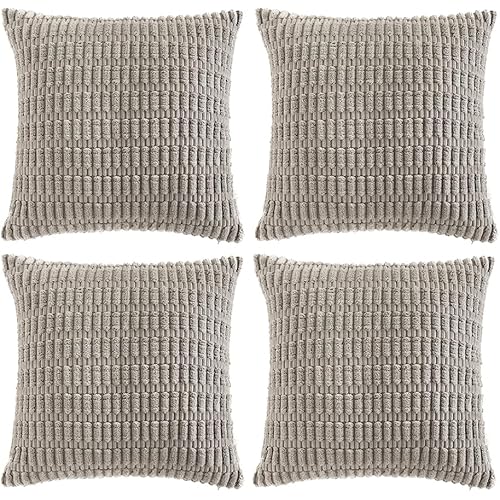 Fancy Homi 4 Packs Grey Decorative Throw Pillow Covers 14x14 Inch for Living Room Couch Bed, Rustic Modern Farmhouse Boho Home Decor, Soft Plush Corduroy Gray Cute Square Accent Cushion Case 35x35 cm