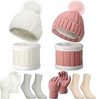 Vista 1 de 8 piezas de gorro de invierno con pompones para mujer, gorro de punto cálido, calentadores de cuello, bufandas, guantes de pantalla táctil, conjunto