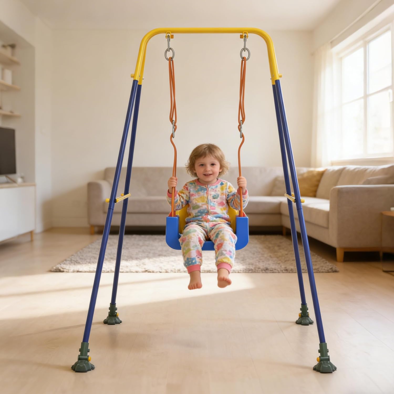 Toddler Swing, 3-in-1 Baby Swing Sets with Anti-Slip Base Feet & Safety Belt, Indoor/Outdoor Baby Seat with Metal Stand for Backyard, Easy to Assemble, Blue-Red