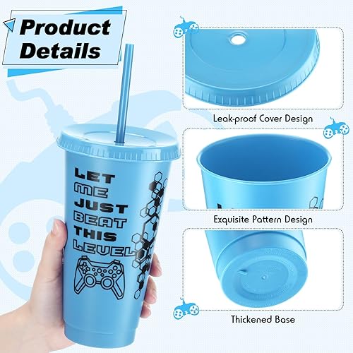 Vista 24 de Mifoci Vasos de plástico para videojuegos con tapas y pajitas, vaso reutilizable con tapa y pajita, lindo vaso de viaje para café helado, botella