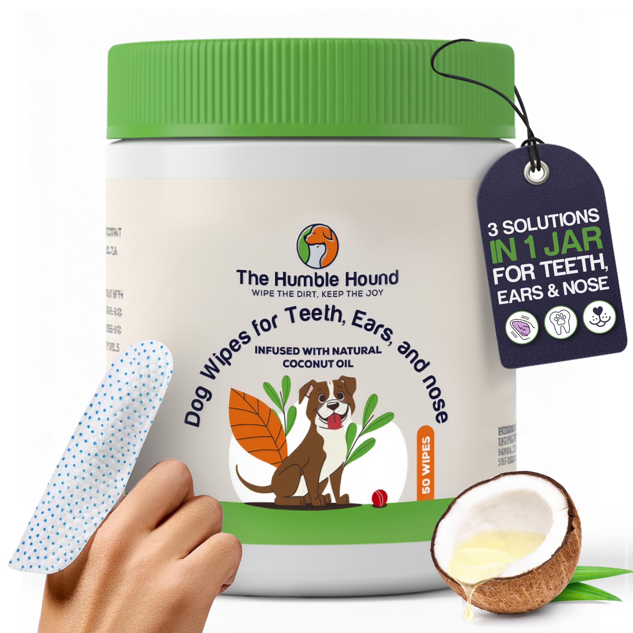 3-in-1 Dog Dental Wipes – Finger Wipes for Teeth, Ears & Snout Infused with Coconut Oil | Promotes Fresh Breath, Tartar Control & Daily Hygiene |