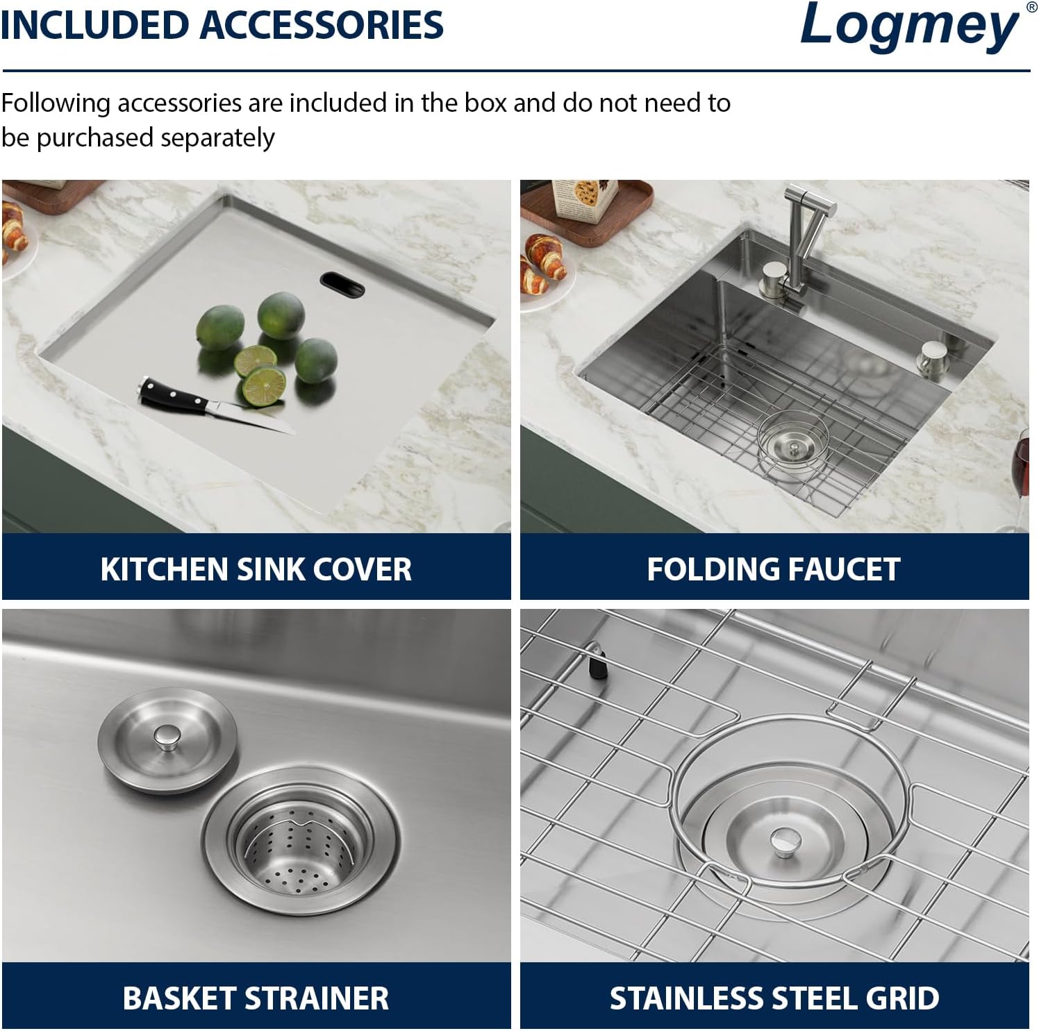 Logmey 21x18 Inch Outdoor Kitchen Sink Undermount Stainless Steel Single Bowl 16-Gauge Undermount Bar Sink with Foldable Faucet Combo Cover