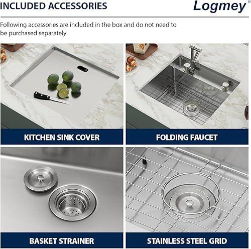 Miniatura 56 de Logmey Fregadero de barra de 21 pulgadas de acero inoxidable de 21 x 18 pulgadas, fregadero de barra pequeño de acero inoxidable de calibre 16