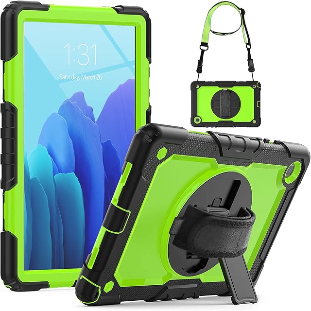 SEYMCY Case for Samsung Galaxy Tab A7 10.4 Inch 2020,SM-T500/T505/T507 Case, Full Protection Shockproof Hard Durable Stand Case [360 Rotatable Hand Strap/Screen Protector/Pen Holder] Cover,Black/Green
