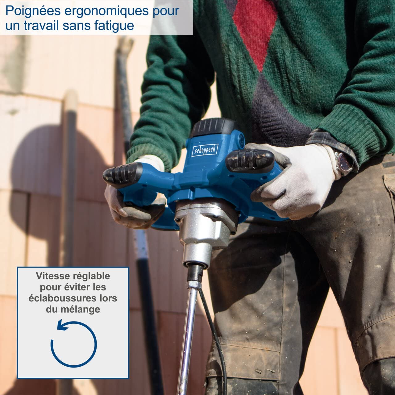 Scheppach Malaxeur PM1200 | Mélangeur à main | Puissance 1200W | Longueur de la tige 550mm | Emmanchement M14 | Poignées ergonomiques | Turbines incluses | Idéal pour peinture, mortier et crépis