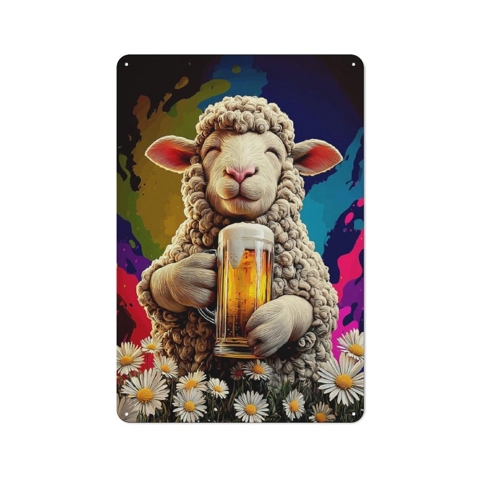 Junmoney Cheerful Sheep With Beer Mug Retro Metal Sign With Design 30X20cm, Distressed Look Retro Room Decor For Living Room, Hallway, Kitchen Or Cafe