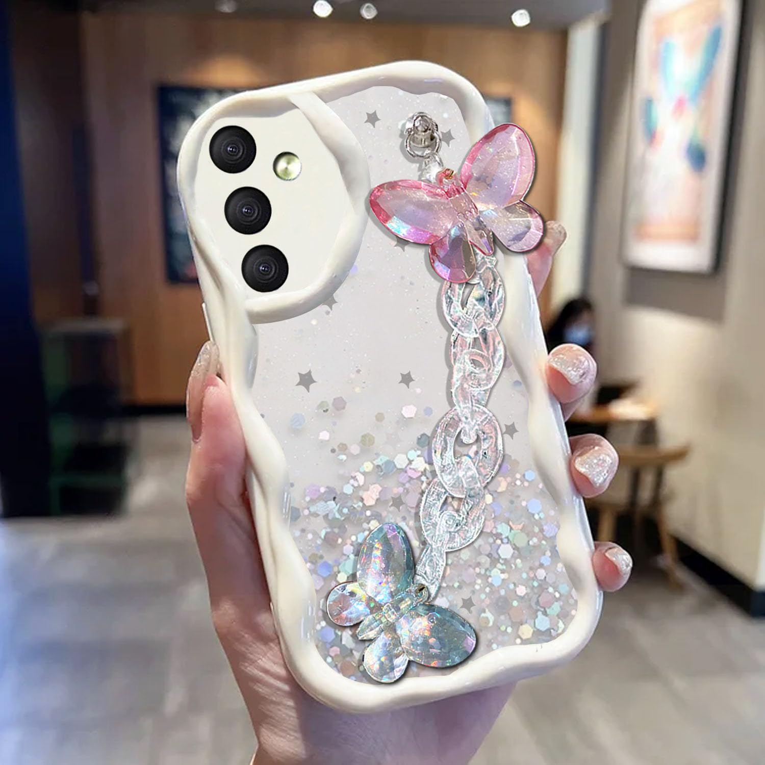 KC Back Cover for Samsung Galaxy A34 5G - Crystal Butterfly Wrist Bracelet Dry Fixed Glitter Curly Wave Shape Shockproof Soft Silicone Case with Camera Protection (White) (B0CXJ58PRL) Amazon Price History, Amazon Price Tracker