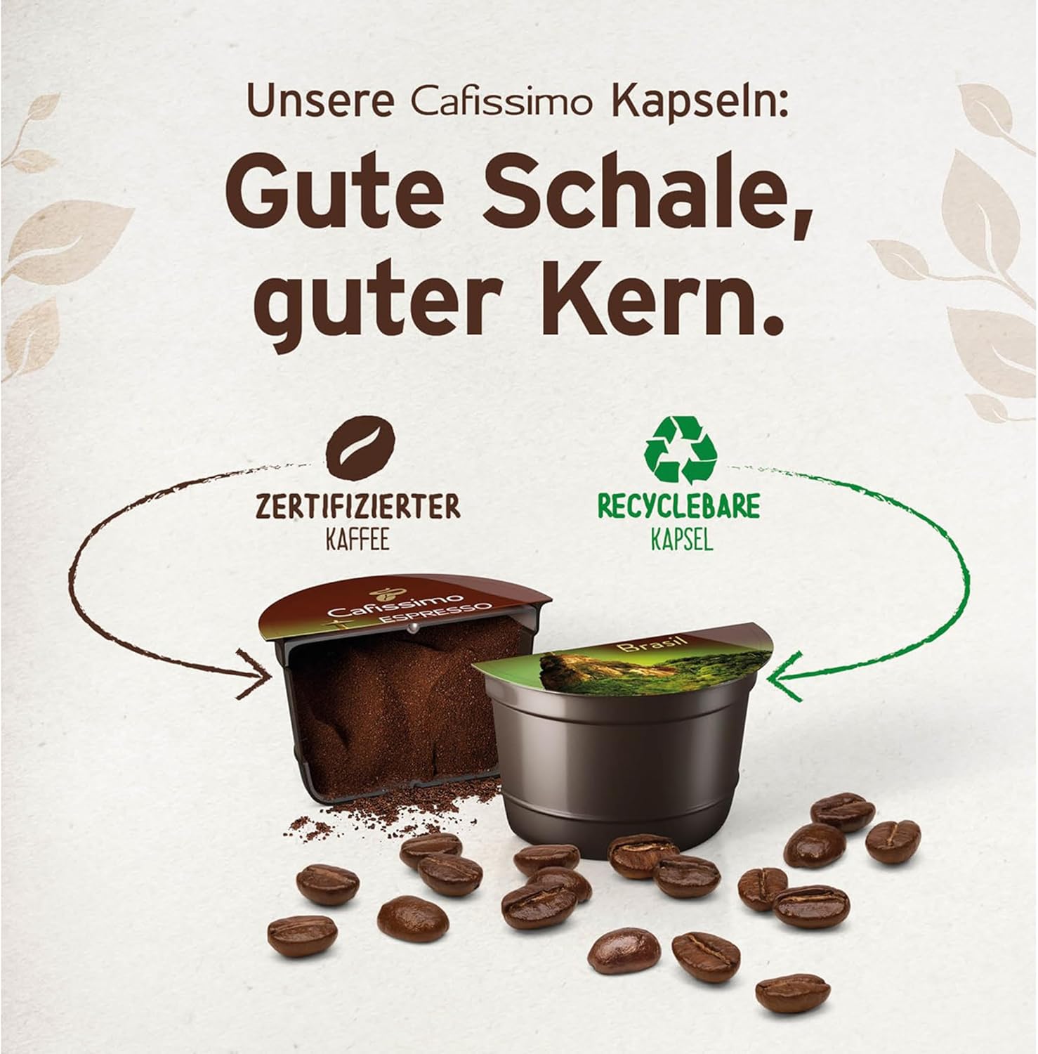 A person smiling while placing a glass cup under the Tchibo Cafissimo Pure Plus coffee machine, indicating ease of use.