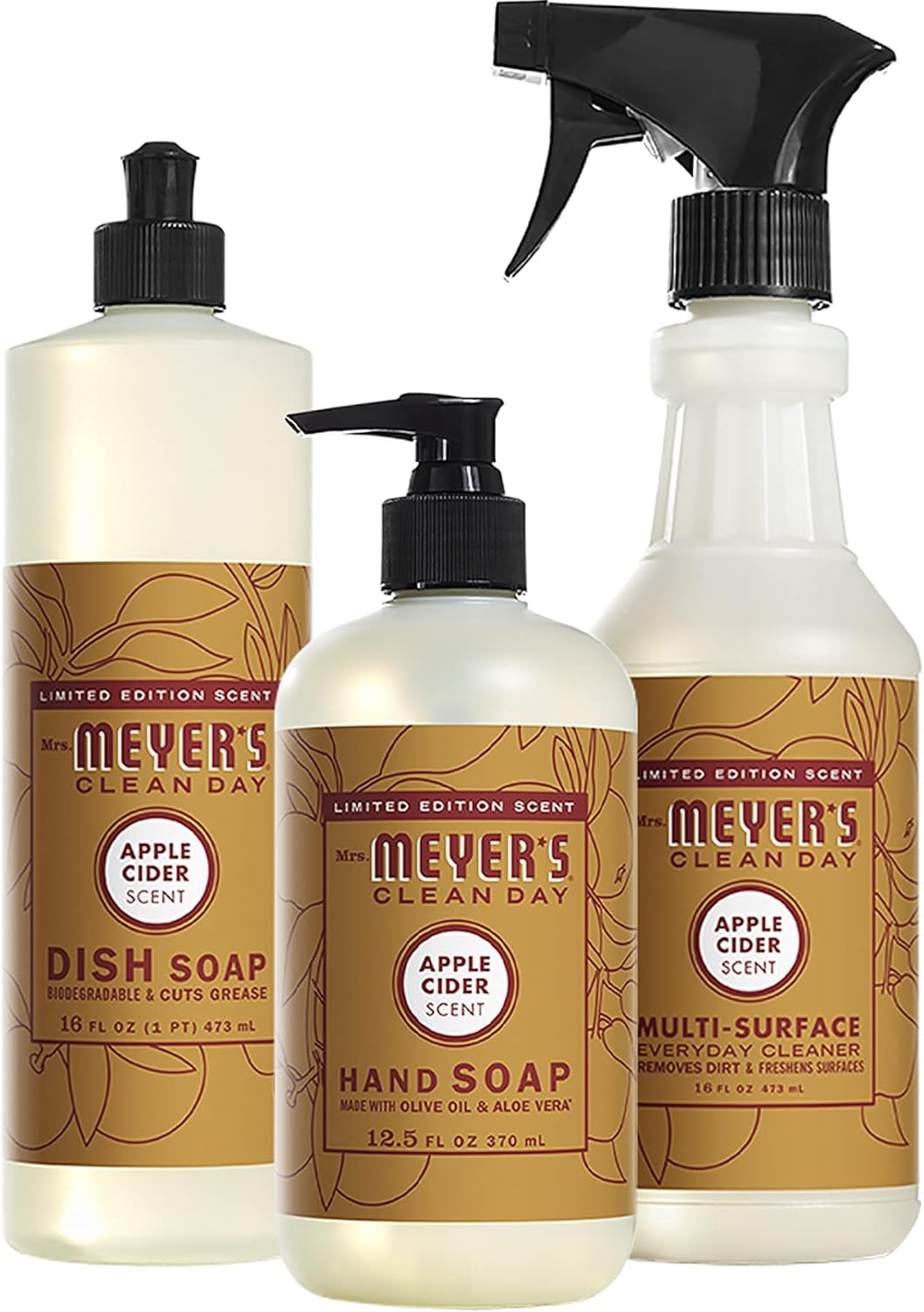 Mrs. MEYER'S Apple Cider Kitchen Set, Includes, 1 Hand Soap, 1 Dish Soap, and 1 Multi Surface Cleaner 3 ct.