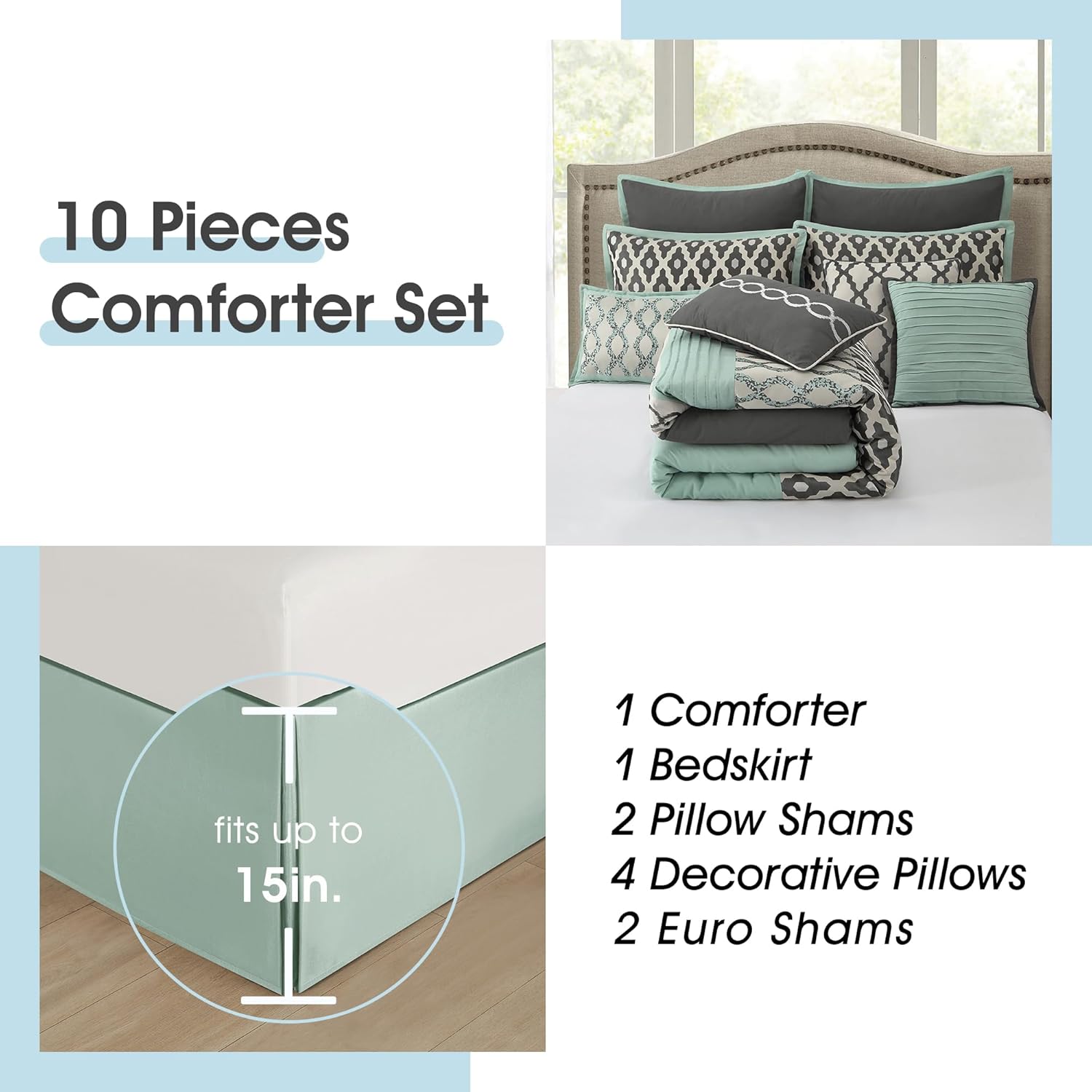 Queen Comforter Set, Blue Grey, 10 Piece Bed in a Bag for All Seasons, Luxury Extreme Comfort Bedding Sets with Bedskirt, Pillow Shams, Euro Shams and Decor Pillows - Image 4