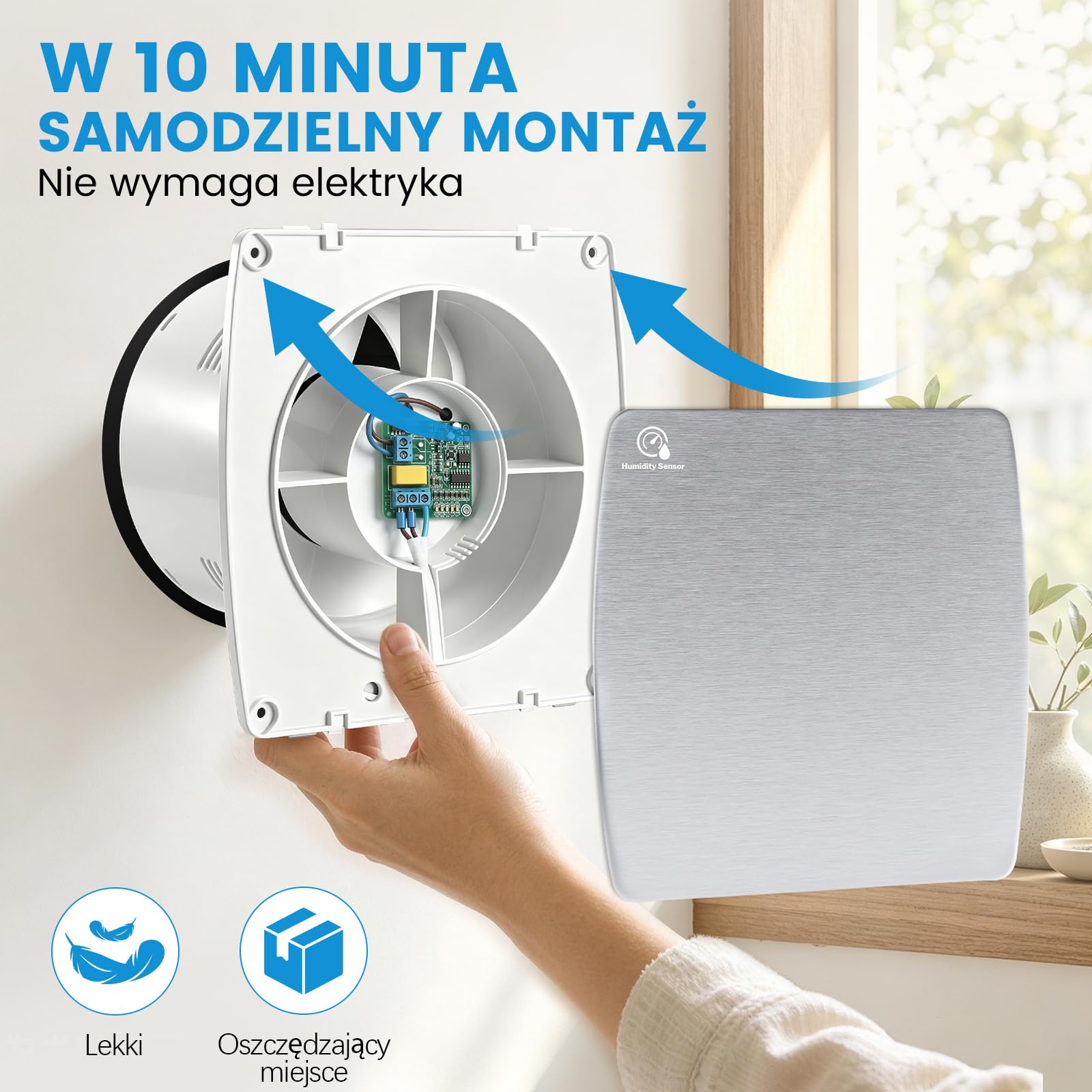 Wentylator łazienkowy z timerem i czujnikiem wilgotności, kolor srebrny