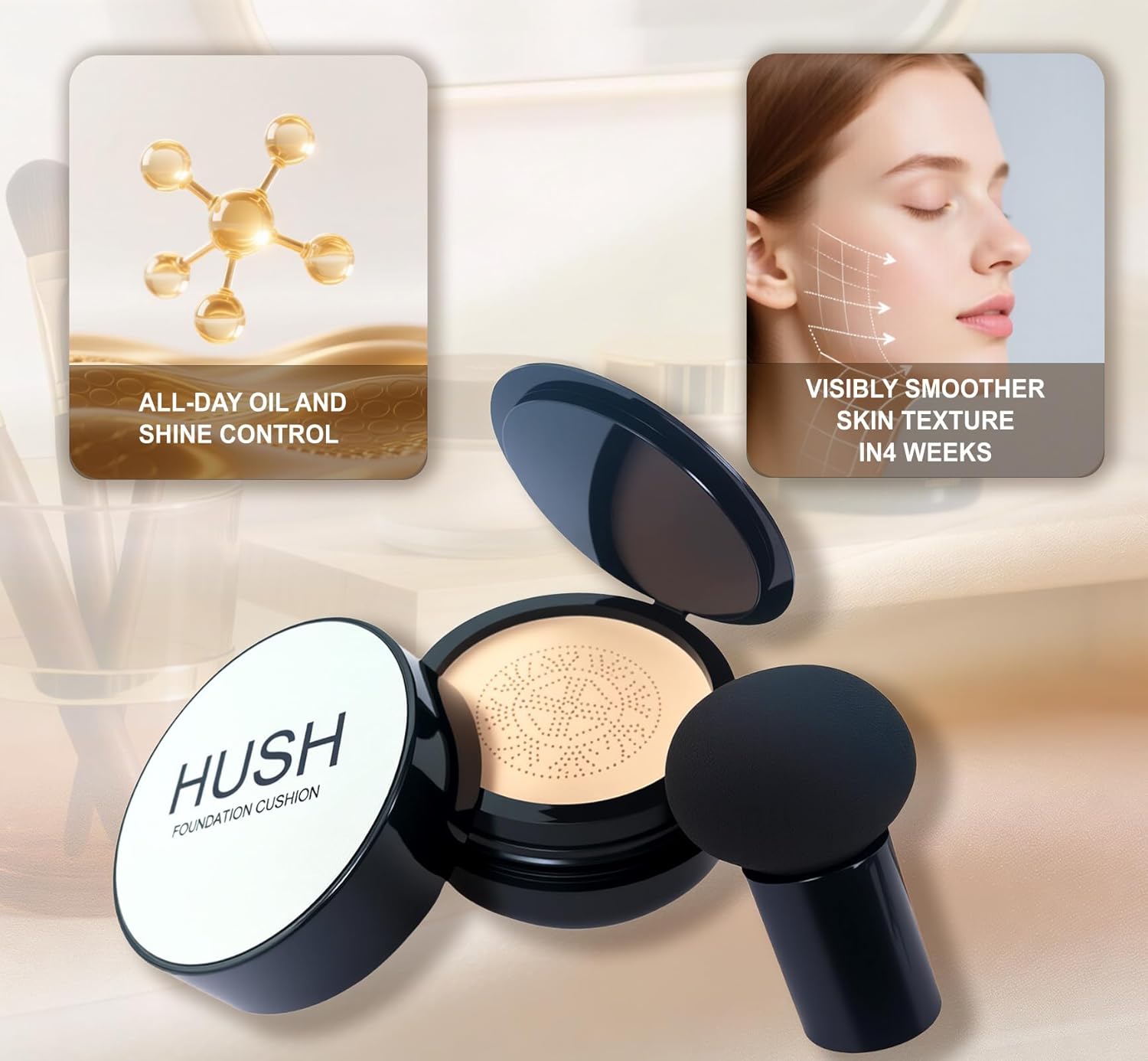 Hush makeup foundation - glow makeup foundation for older women – Korean Warm Tone CC Mushroom Air glow Foundation, Full Coverage Long-Lasting BB Cream cushion foundation, Natural Radiant Finish