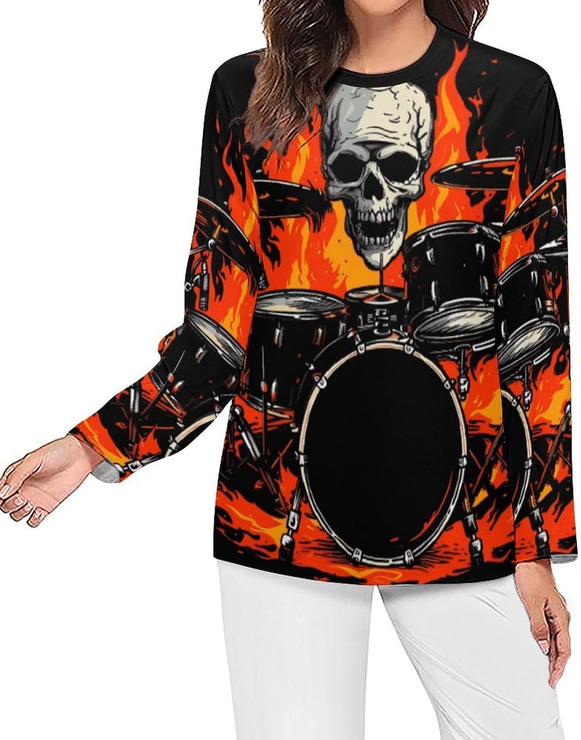 Flame Drummer Skull Women's Pajama Top Sleepwear Pajamas Sleep T-Shirt Long Sleeve Shirt Crewneck Tee