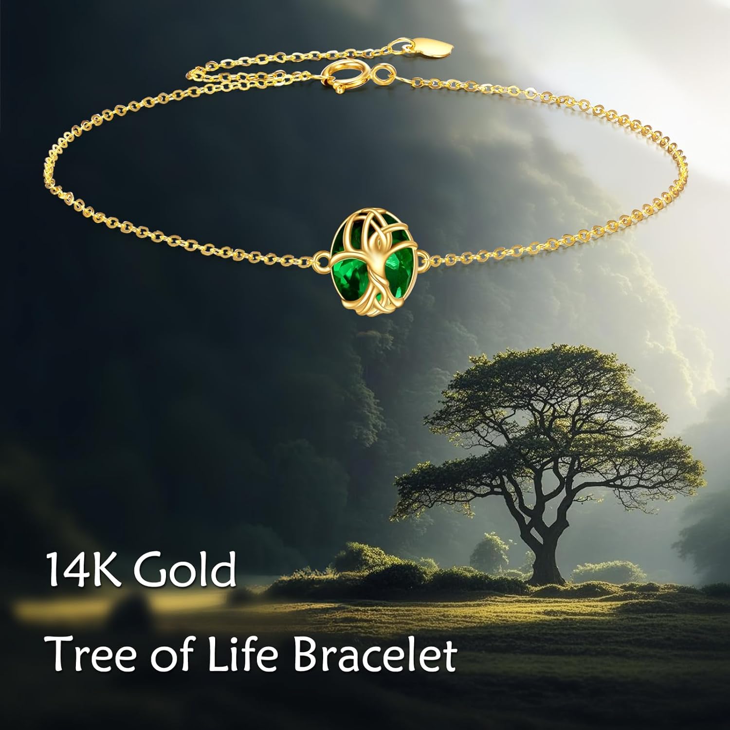 DOVRAN 14K Solid Gold Tree of Life Bracelet for Women Real Yellow Gold Emerald/Opal Bracelet Jewelry Birthday Gifts for Wife Mom
