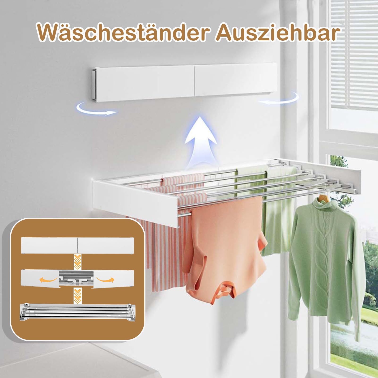 Wäscheständer Wandmontage, 50CM 4-Stange, Platzsparend, Robust, Ausziehbar, Faltbar, für Indoor & Outdoor, Balkon