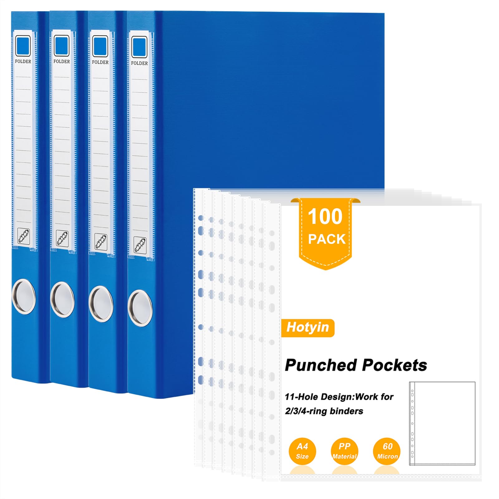 Hotyin 4 Pack Ring Binders with 100 Punched Pockets, 4 D-Ring Binder - 45mm Spine, A4 Display Ring Folder, Clear Plastic Sleeves for Documents, Certificates, Receipts (Blue)