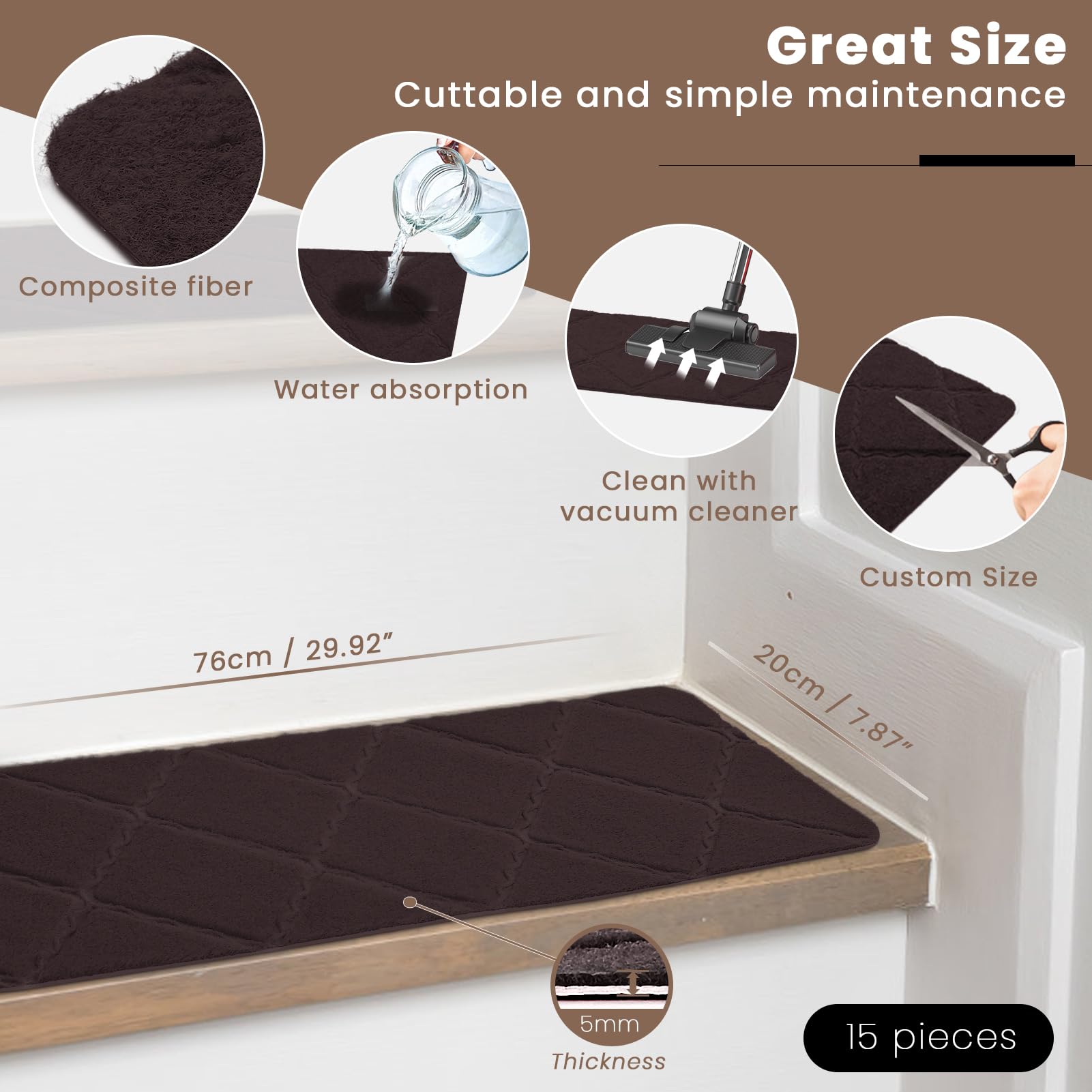 Trapmat 15 x 86 cm 100% Polyester, Tpe-Rug, Duurzaam, Antislip, Snijdbaar, Herbruikbaar, 5 X Trapmatten Zelfklevend, Trapbescherming, Voor Verschillende Soorten Trappen, A