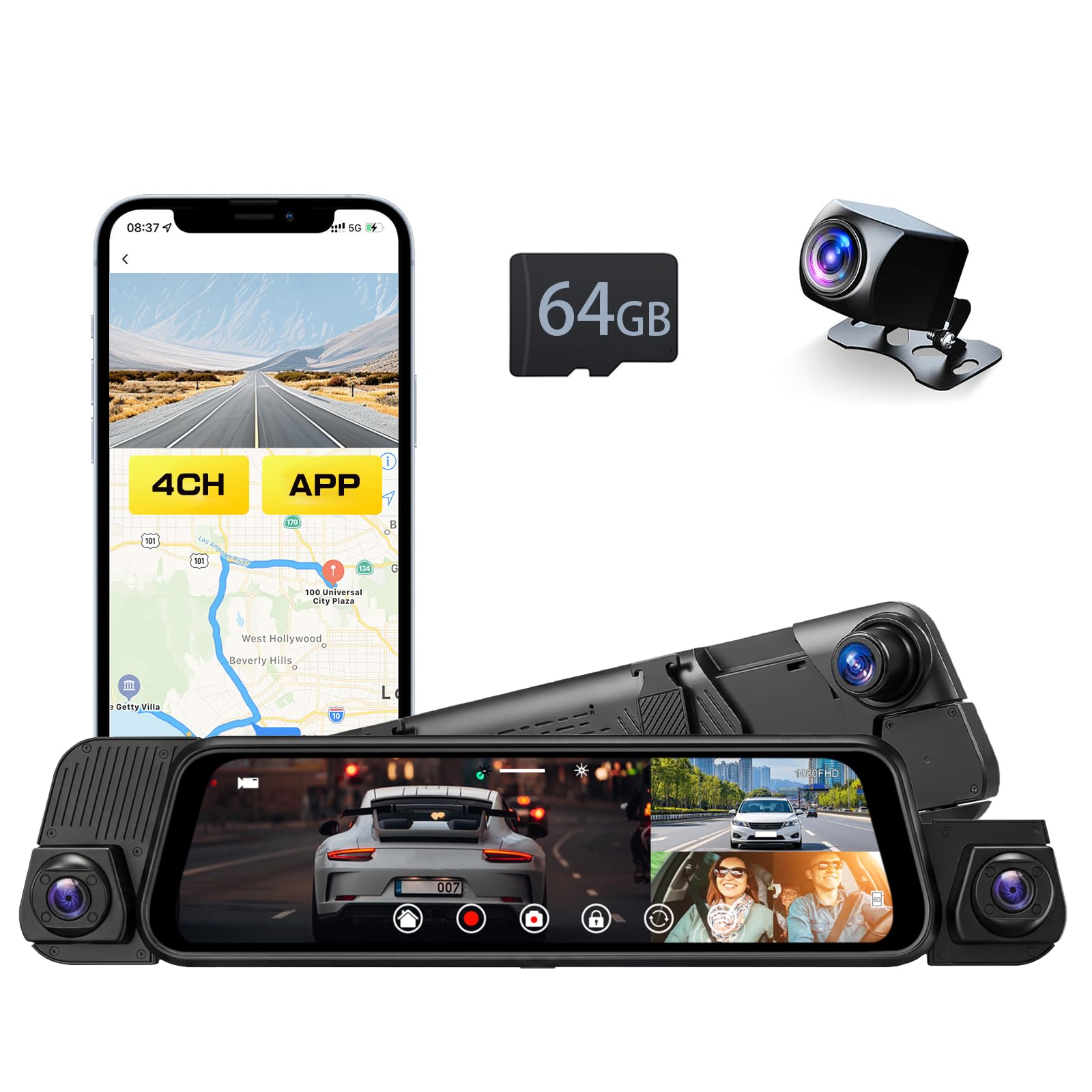 Inefala 4 Canali Telecamera Dashcam Auto Specchio Retrovisore con 9,66 Pollici Touchscreen,Dash Cam Auto con WiFi & App Sensore G Scheda SD 64G Grandangolo da 150° Visione Notturna Registrazione Loop