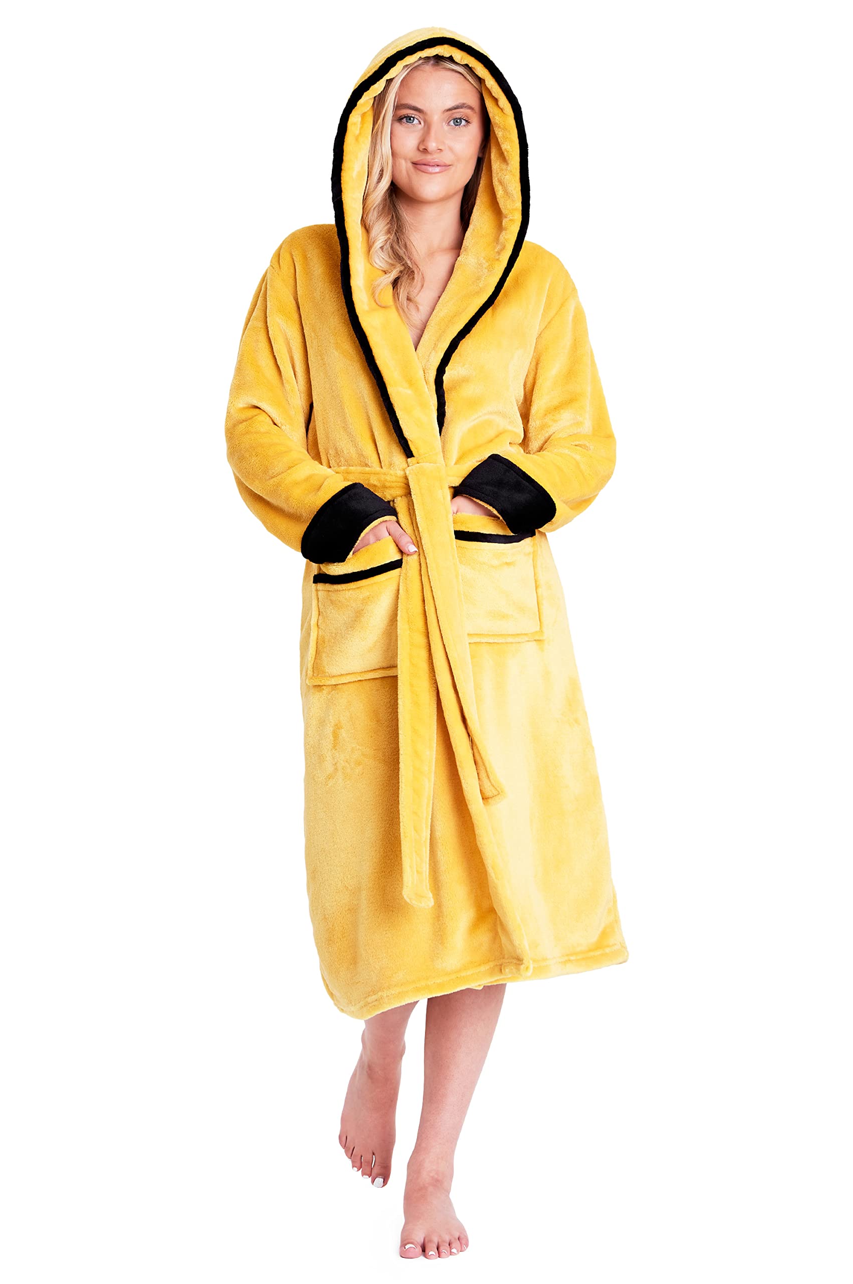 CityComfort Ladies Dressing Gowns Soft Fleece Hooded Women's Robes (M, Mustard)