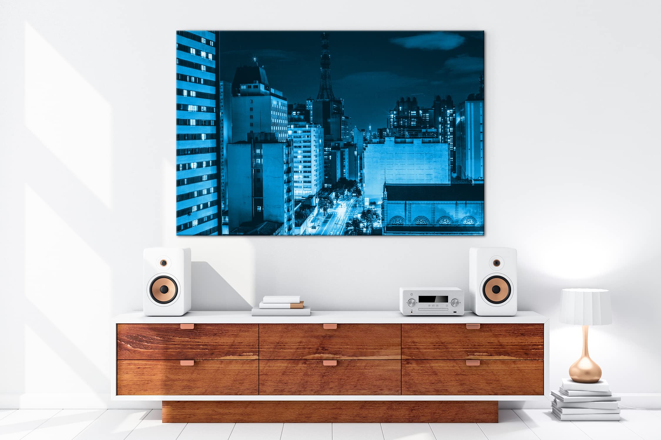 Strade luminose della città, formato: 120 x 80 cm, effetto: disegno come tela, motivo già incorniciato su telaio in vero legno, stampa digitale di alta qualità con cornice, nessun poster o poster