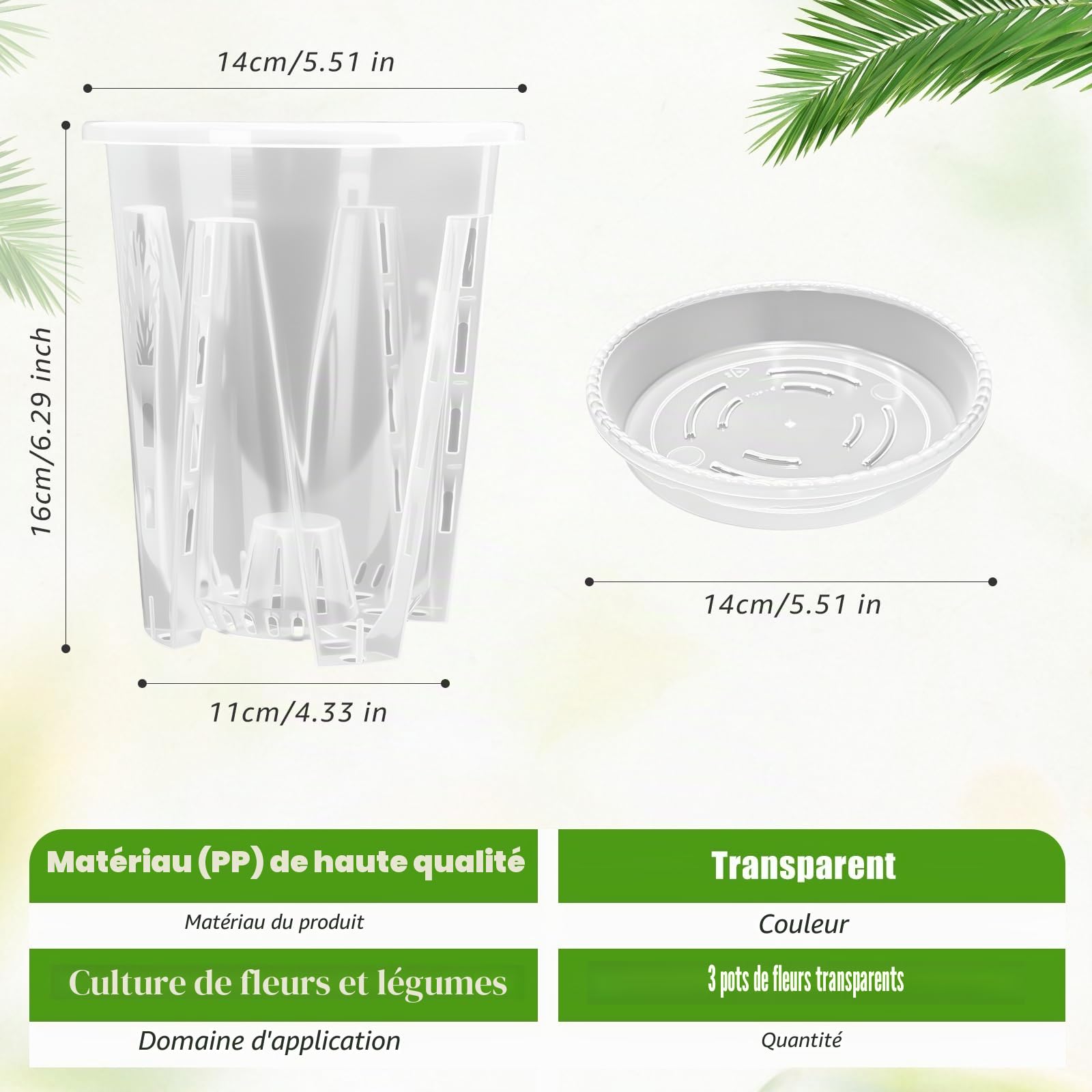 Cable Leader Lot de 3 Pots à orchidées Transparents en Fleur Plastique | pot orchidée avec trous de drainage, perméables à l'air pour plantes et fleurs en intérieur et en extérieur (14 cm + plateau)