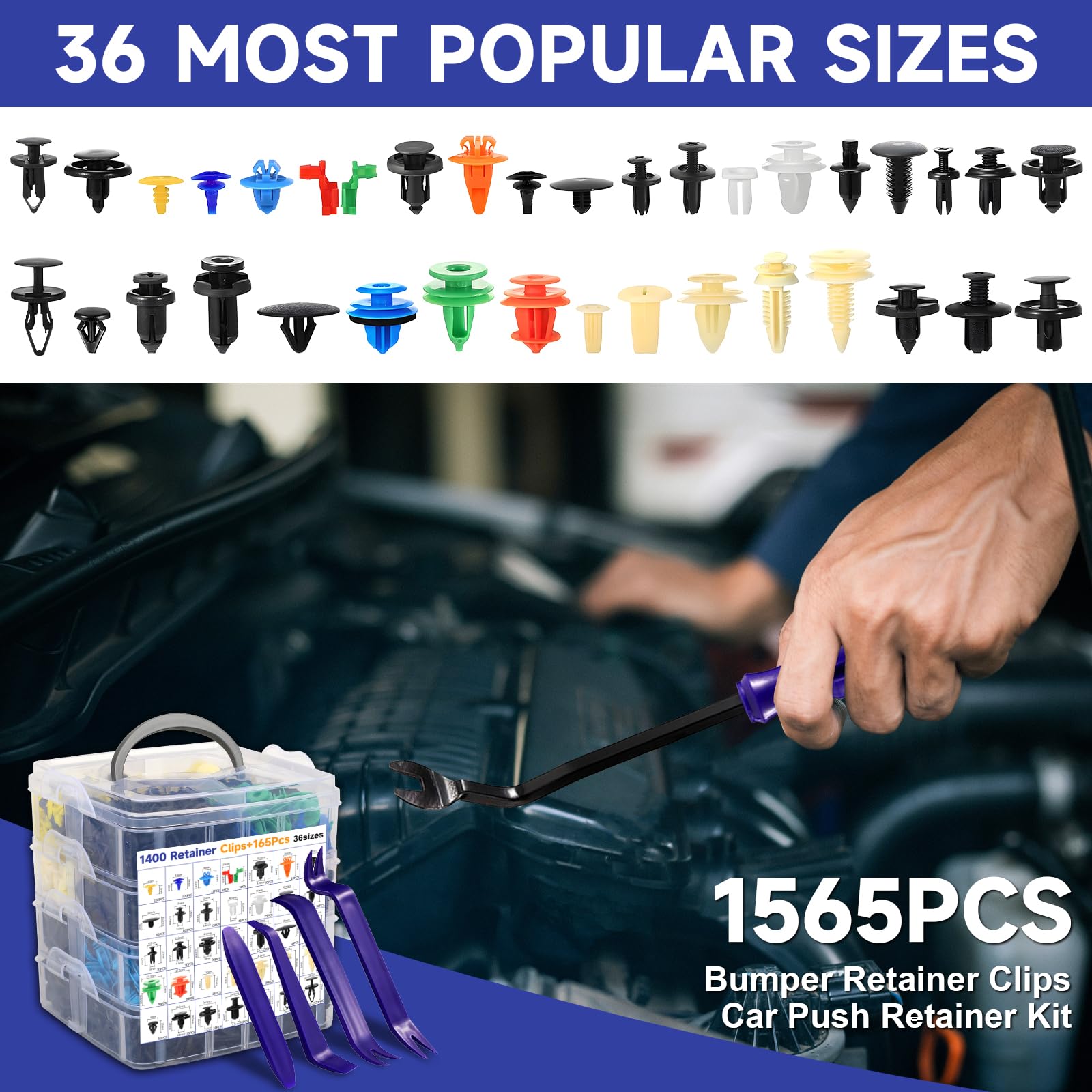 1565 Stücke Auto Befestigung Clips, 36 Arten Universal Türverkleidung Clips, Klammern Stoßstangen Zierleisten Befestigungclips, Plastikklips Satz mit Demontage Werkzeuge für Stoßstange, Tür, Kotflügel