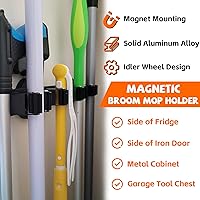 Vista 4 de Soporte magnético para escobas, fuerte soporte magnético para trapeador, 4 estantes para herramientas de limpieza, ganchos magnéticos