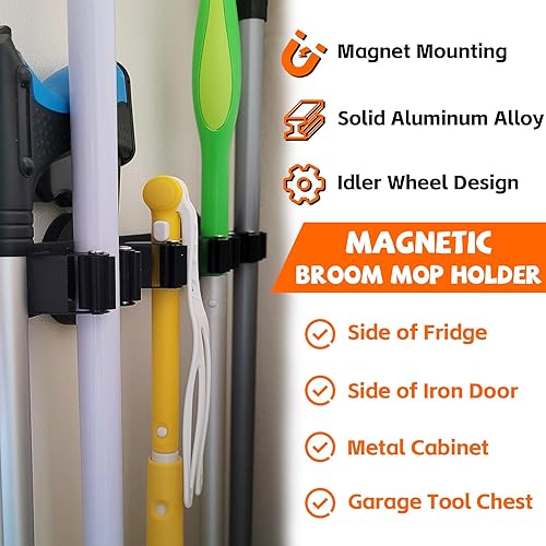 Miniatura 4 de Soporte magnético para escobas, fuerte soporte magnético para trapeador, 4 estantes para herramientas de limpieza, ganchos magnéticos