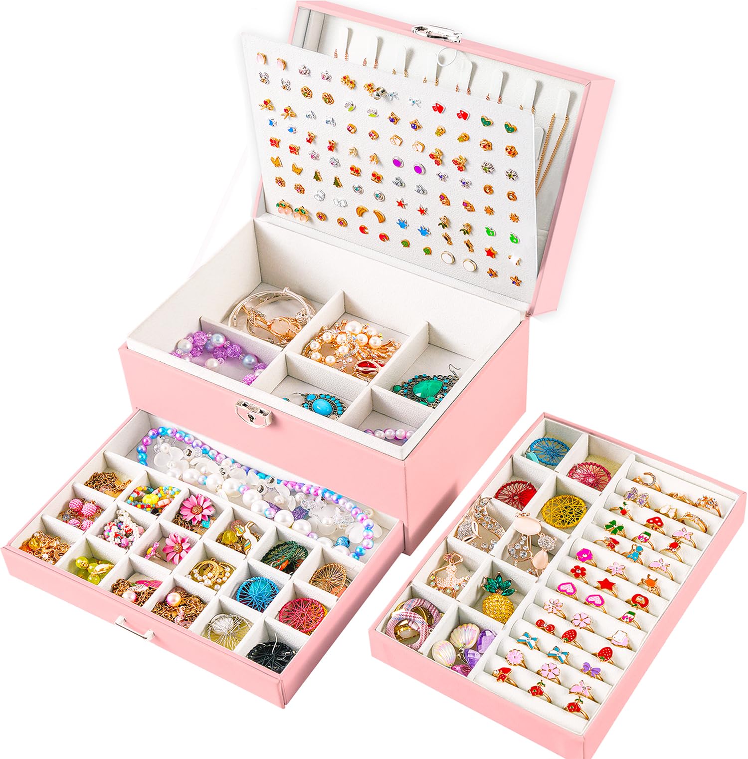 QBestry Earring Jewelry Box for Girls Pink, 5 Layers Jewelry Organizer with Lock Key Jewelry Boxes for Women Necklace and Earring Holder Organizer for Girls Teen Jewelry Box Earrings Case Xmas Gifts