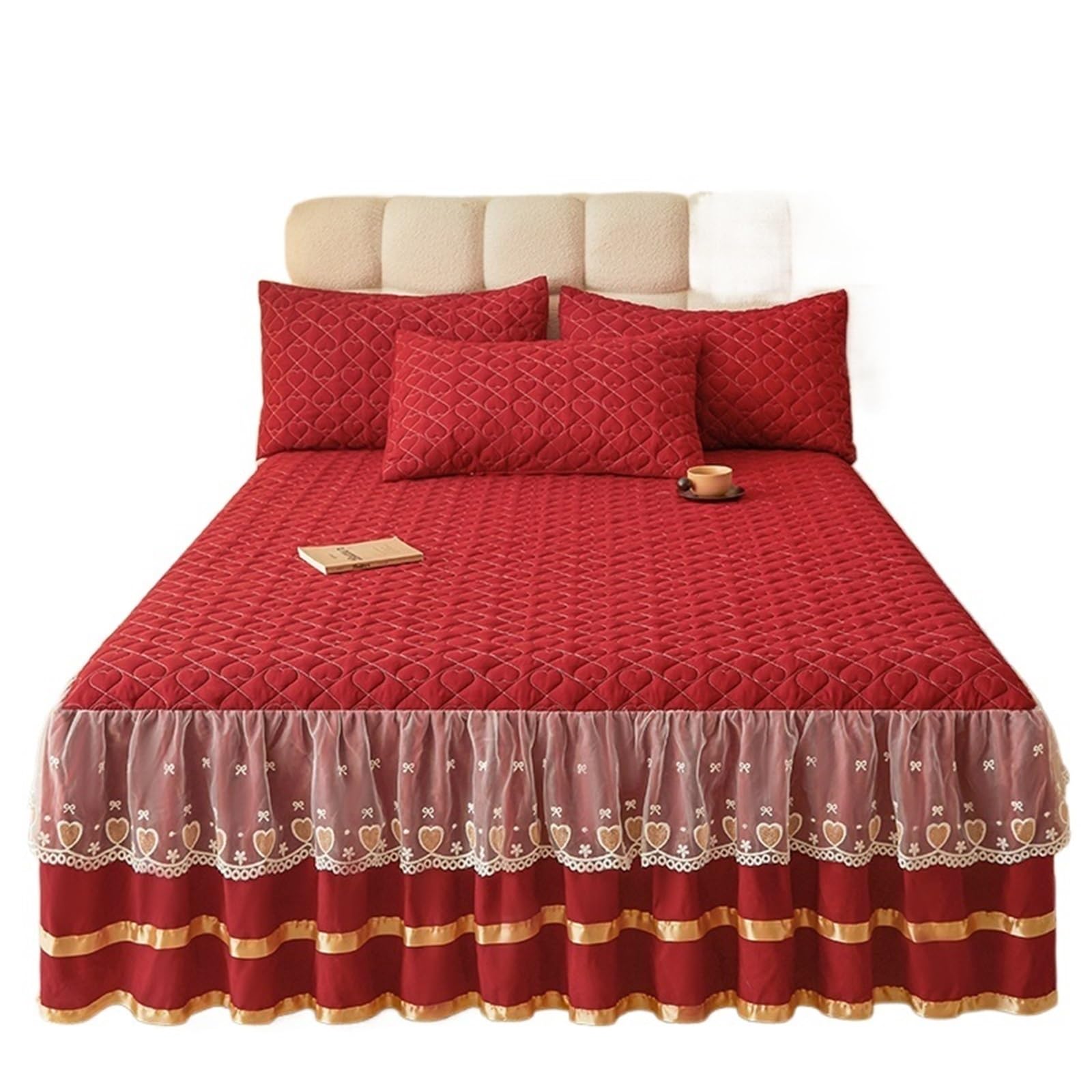 Ruffled Bed Skirt Simple Style Bed Skirt Single/Queen/King Size Bedspread Ruffles Cover Home Quilted Linen (No Pillowcase)(C,King 180x200cm 1pc)