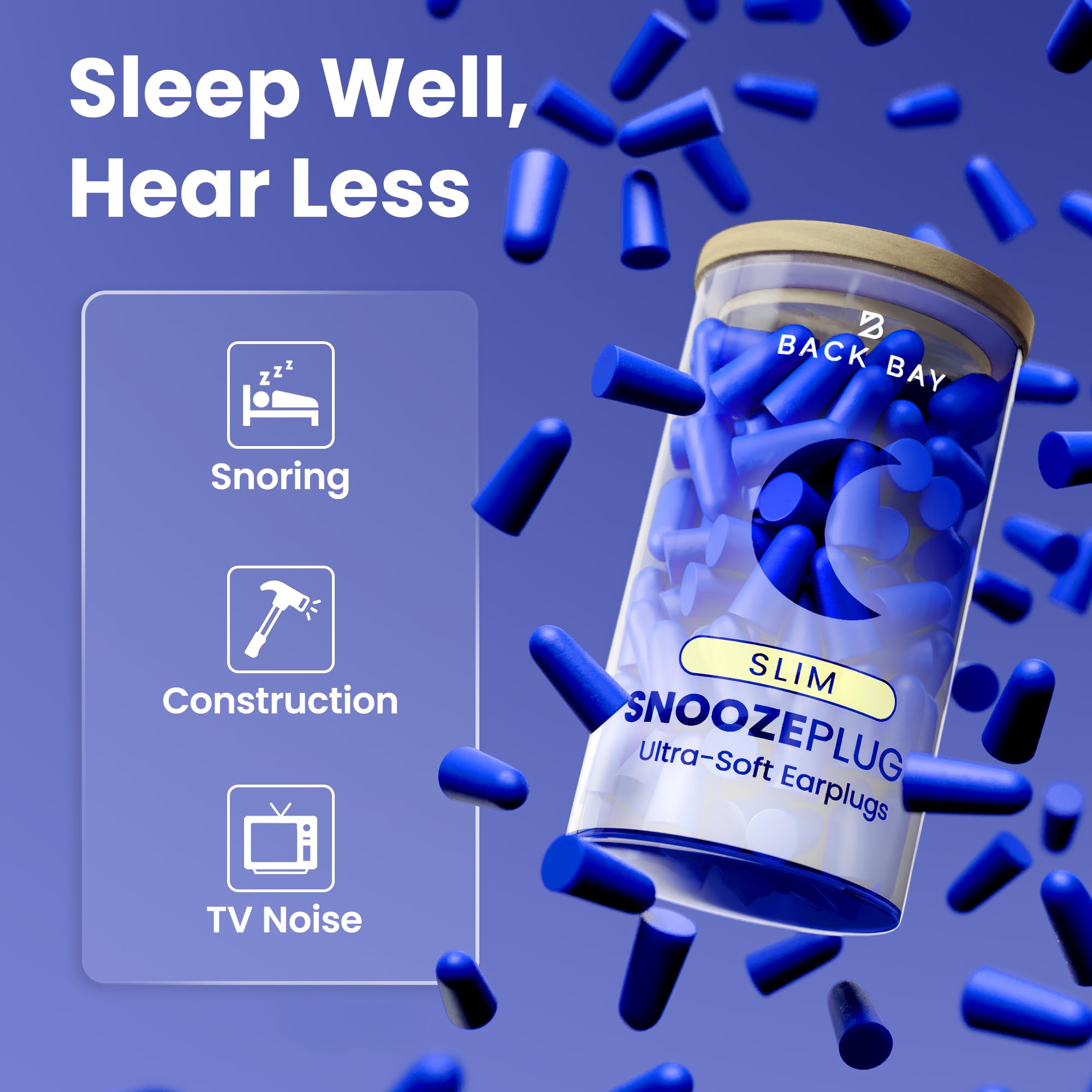SnoozePlugs Slim - Tapones para los oídos pequeños para canales auditivos pequeños, tapones delgados para dormir, 60 pares de tapones para los oídos de mujer para dormir - 33 dB NRR cómodos tapones de