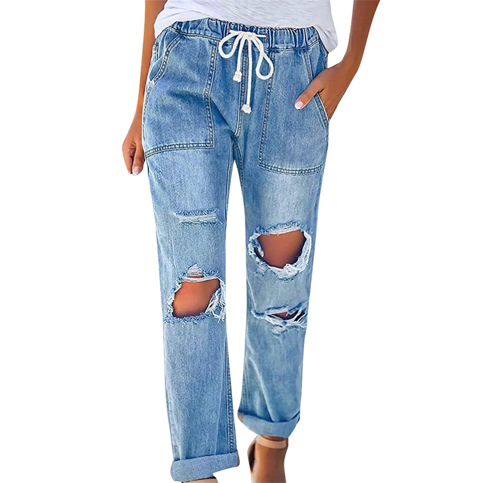 Maiyifu-GJ Women Pull On Distressed Denim Joggers Drawstring Elastic Waist Ripped Stretch Jeans Hole High Waist Stretch Pants (Blue,Large)