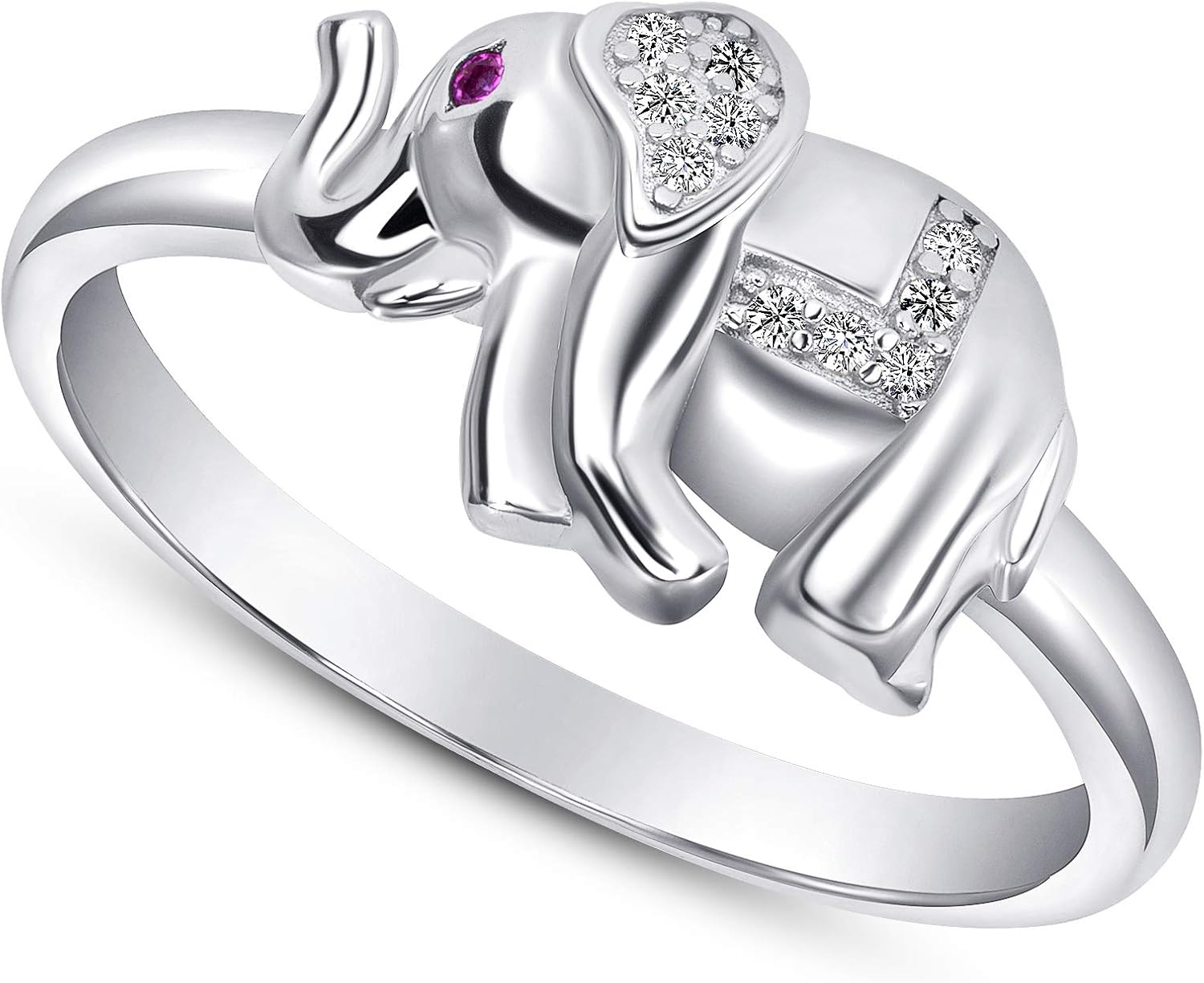 925 Sterling Silver Red Eye Cz Lucky Elephant Ring Rhodium Plated Nickel Free