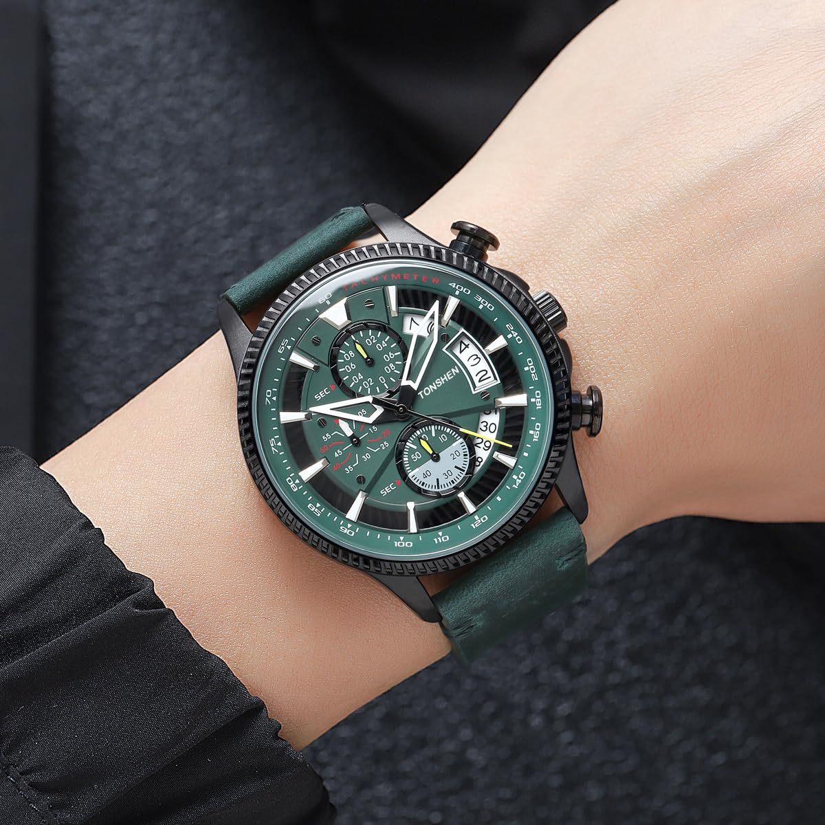 TONSHEN Relojes de Hombre Casual Analógico Cuarzo Acero Inoxidable Caja y Piel Correa Deportivo Cronómetro Calendario Reloj de Pulsera