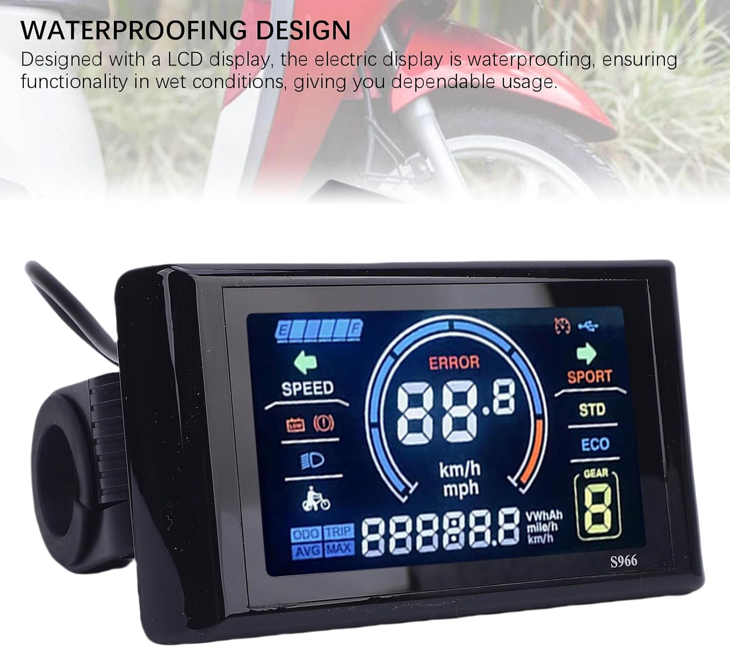 SPYMINNPOO S966 Electric Bike LCD Display with 'WATERPROOFING DESIGN' text overlay