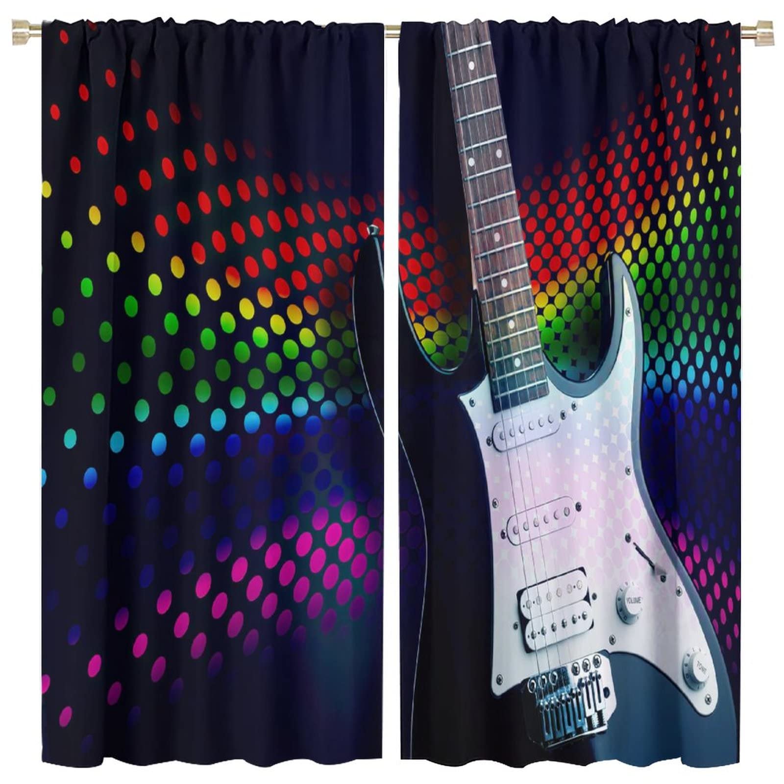 Guitars Curtains,Punk Rock Music Musical Theme Blackout Rod Pocket Window Drapes for Kids Teens Bedroom Living Room W63xL63in