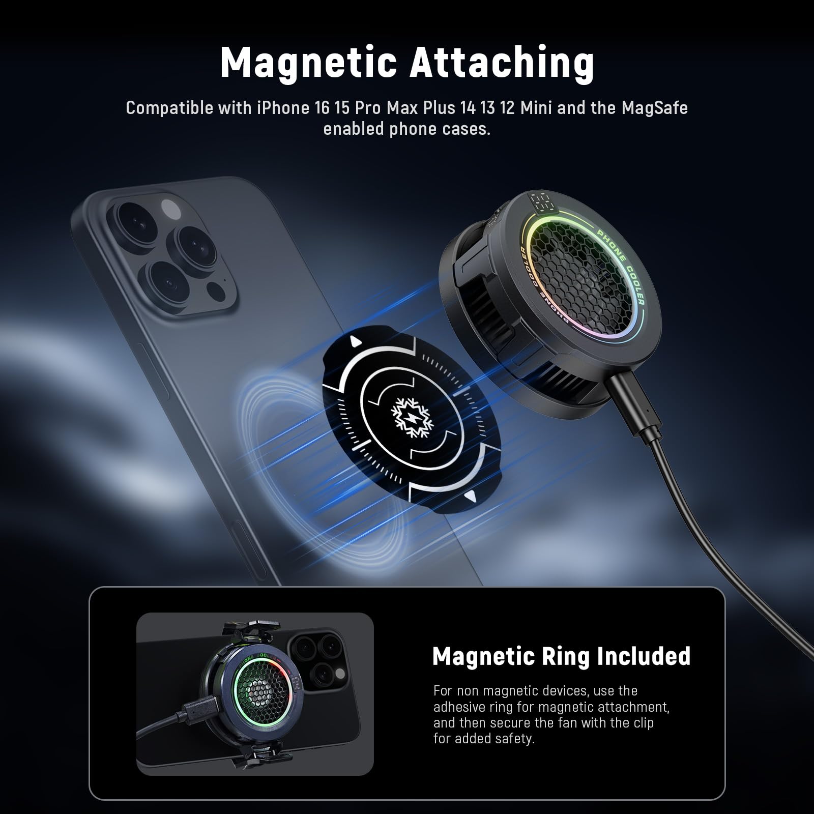 NEEWER BASICS RGB Phone Cooler Magnetico,Low Noise Ventola Raffreddamento USB per Gaming,Controllo Temp Smart,Anello Magnetico Compatibile con iPhone 15 16 17 Pro Max MagSafe Samsung S26 Ultra,PA069