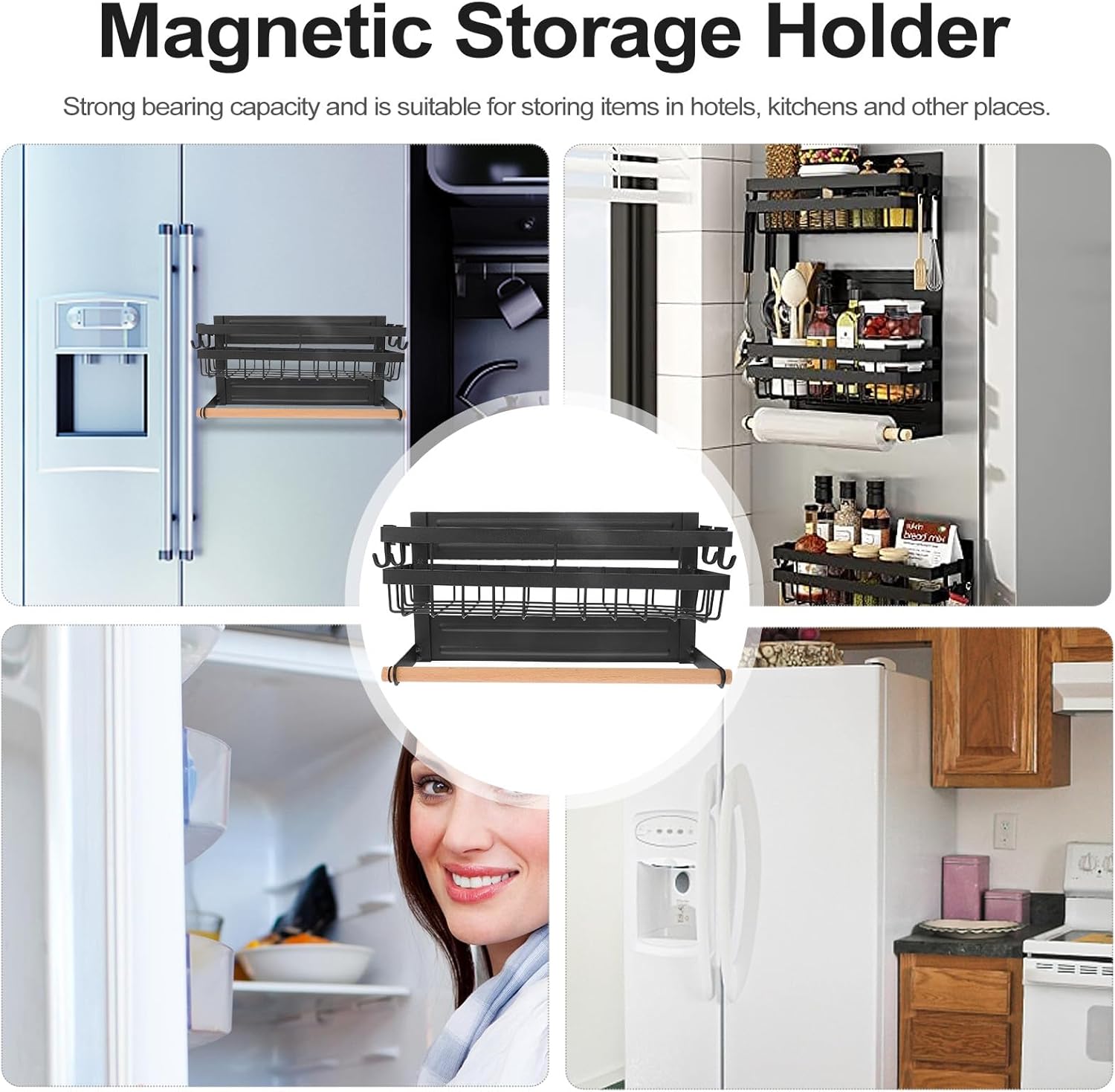 Cabilock Wall-Mounted Punch-Free Storage Shelf, Magnetic Refrigerator Side Rack, Black Mesh Single-Layer Organizer for Bathroom and Kitchen Sundries,