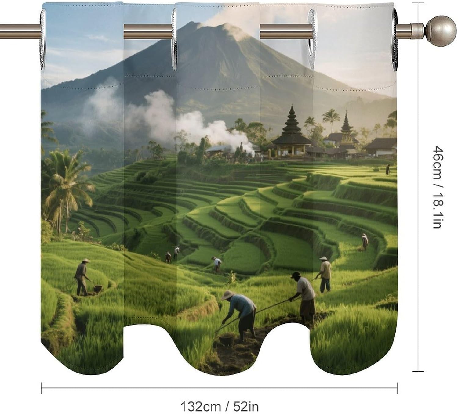Bali Rice Terraces and Volcanoes Curtain 2 Panels, Polyester Fiber, Blackout Insulated Window Curtain, Curtain Valance for Kitchen Dining Room Living Room Cafe Small Window 52 * 18.1 Inches
